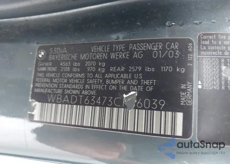 2003 BMW 530Ia из США, поврежденный, VIN WBADT63473CK36039